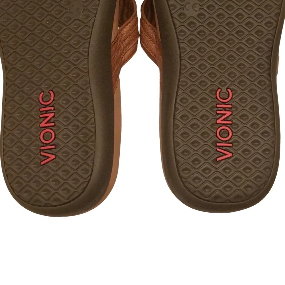 Vionic Tide Aloe Sandals Women’s 10 Brown Leather Strap Thong Toe-Post Flip Flop